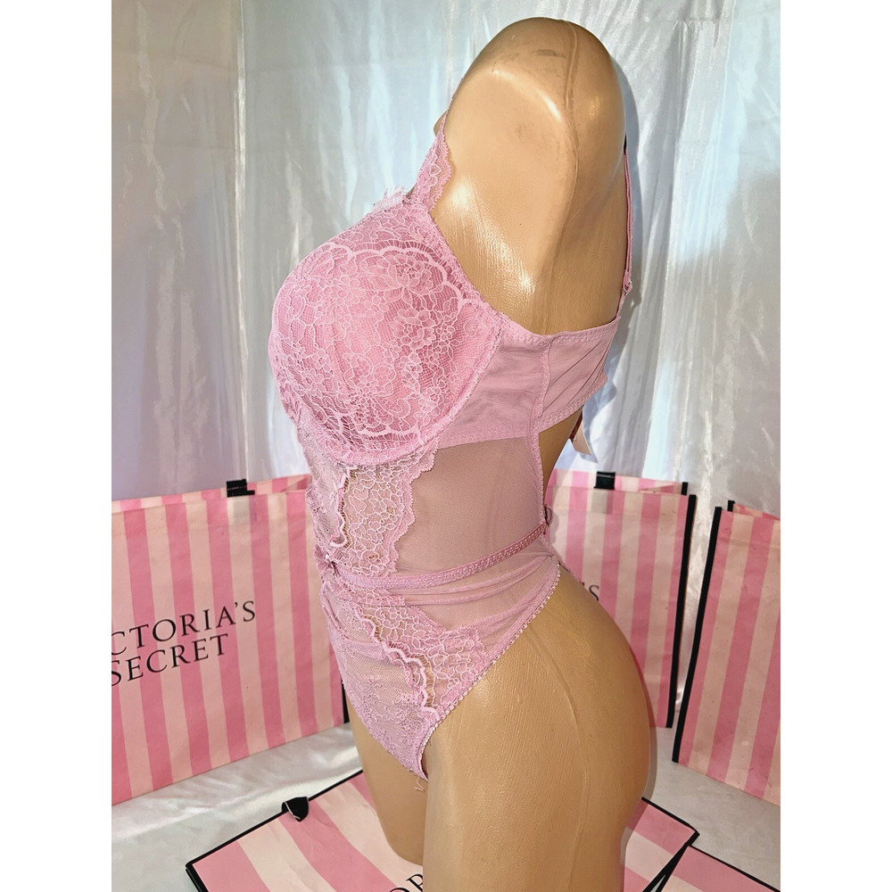 Victorias Secret Thong Teddy Romper Eyelash Lace W/Underwire Mauve XL - Picture 2 of 3